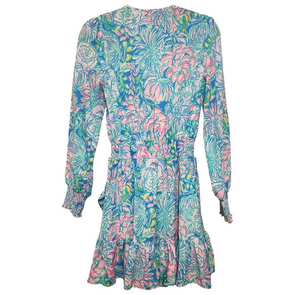 Lilly Pulitzer Blue Pink Cristiana Wrap Style Mini Dress Size 4 Full Bloom - Picture 2 of 10